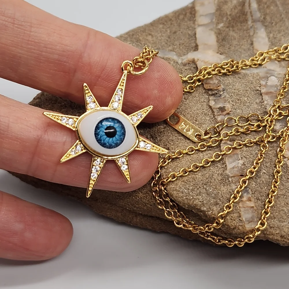 Rhodium 14K Gold Plated Chain Moroccan Evil Eye Star Mystic Pendant